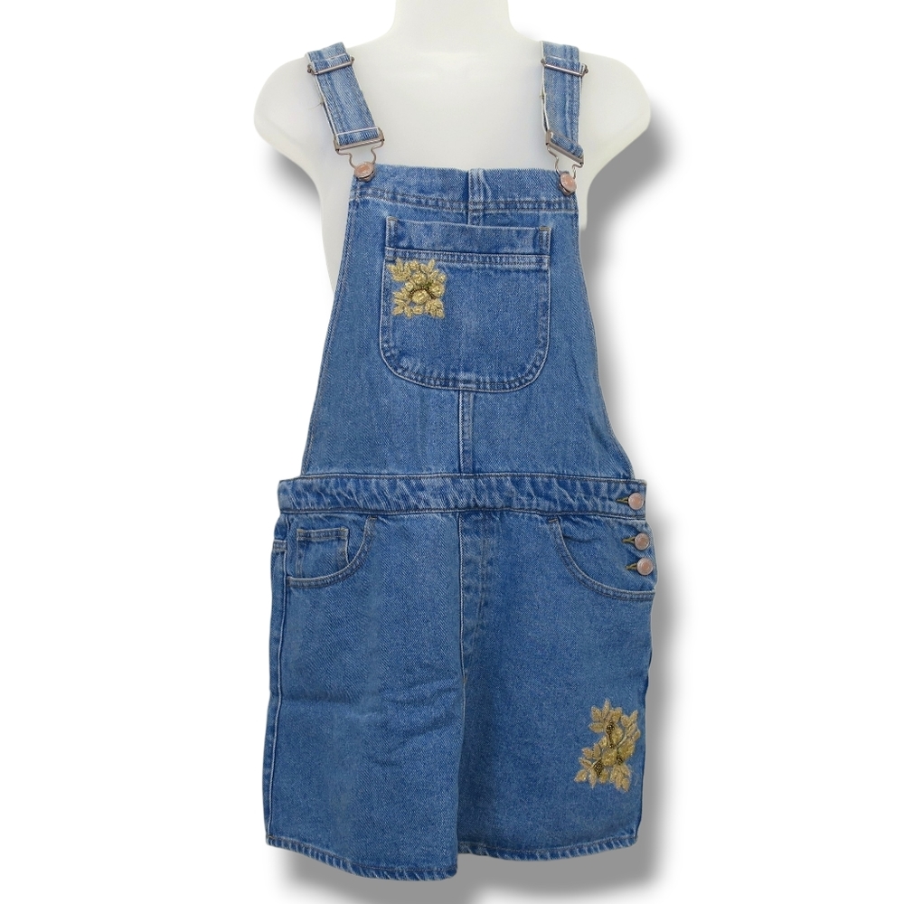 FOREVER 21 Overall Dress NWT Denim Jumper Blue Jean Gold Embroidered Size 28
